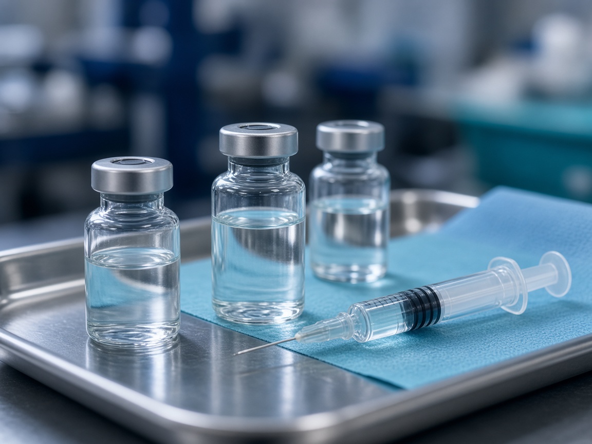 Medication vials and a syringe on a clinical tray