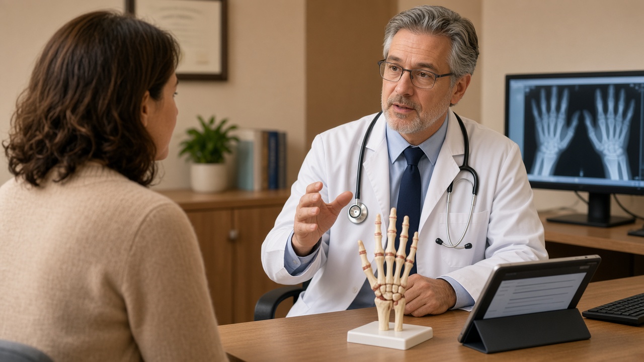 Rheumatologist reviewing hand X-rays with a patient during a clinic consult