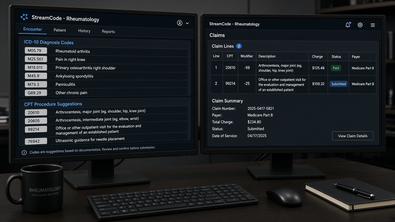 StreamCode rheumatology coding workspace on dual monitors