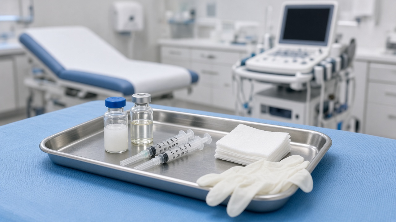 Procedure tray with medication vials and syringes beside an ultrasound unit