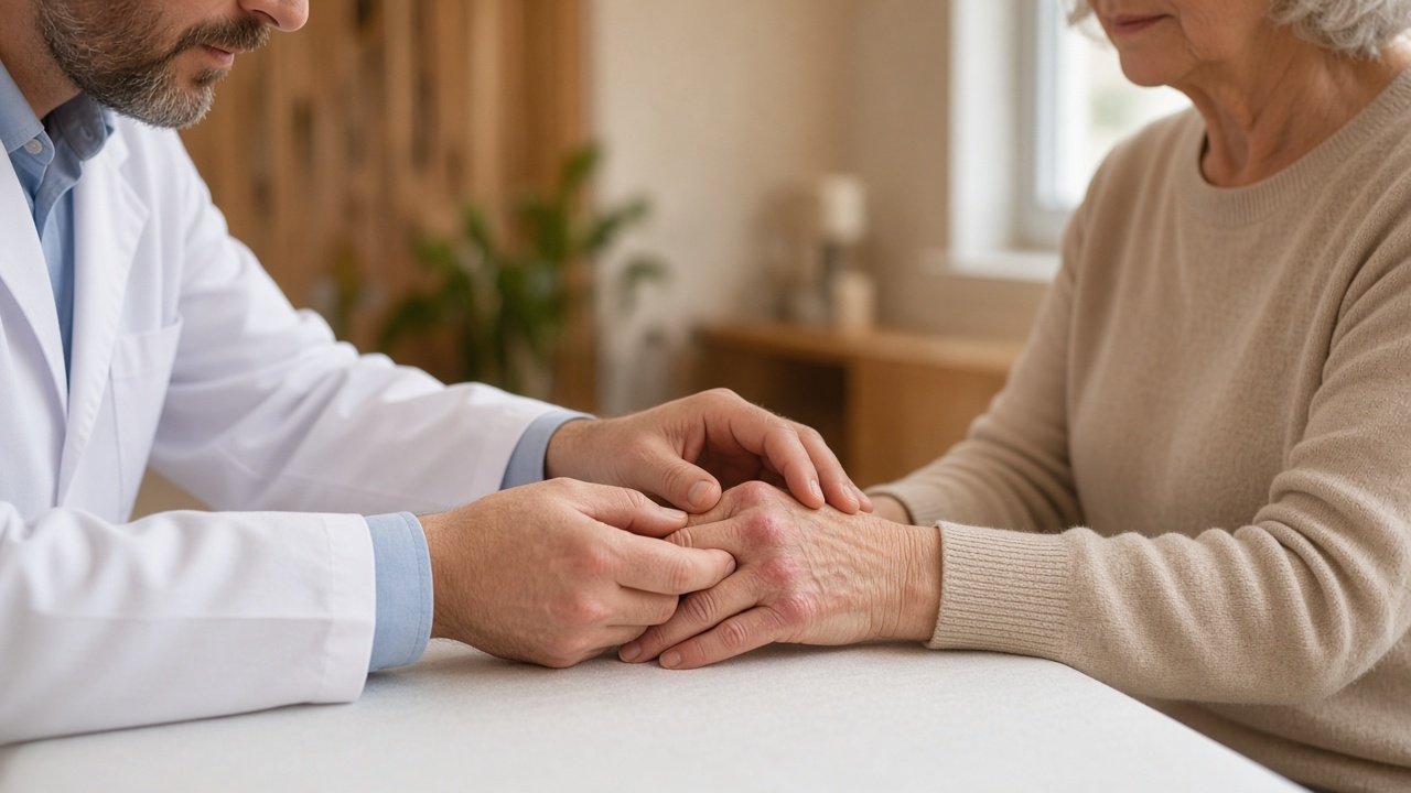 Clinician examining a patient’s hand joints during a rheumatology visit