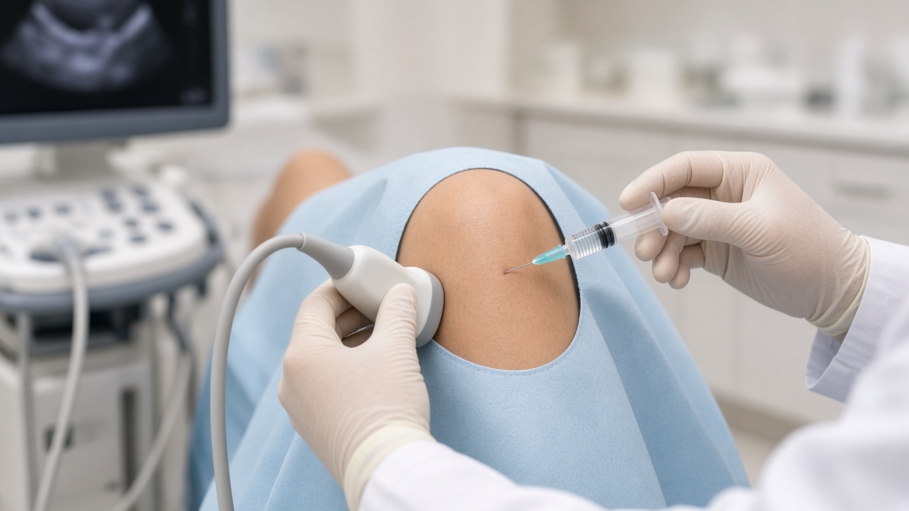 Ultrasound-guided knee injection with probe and syringe at the joint